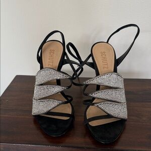 SCHUTZ Black Rhinestone Strappy Lace-Up Heels